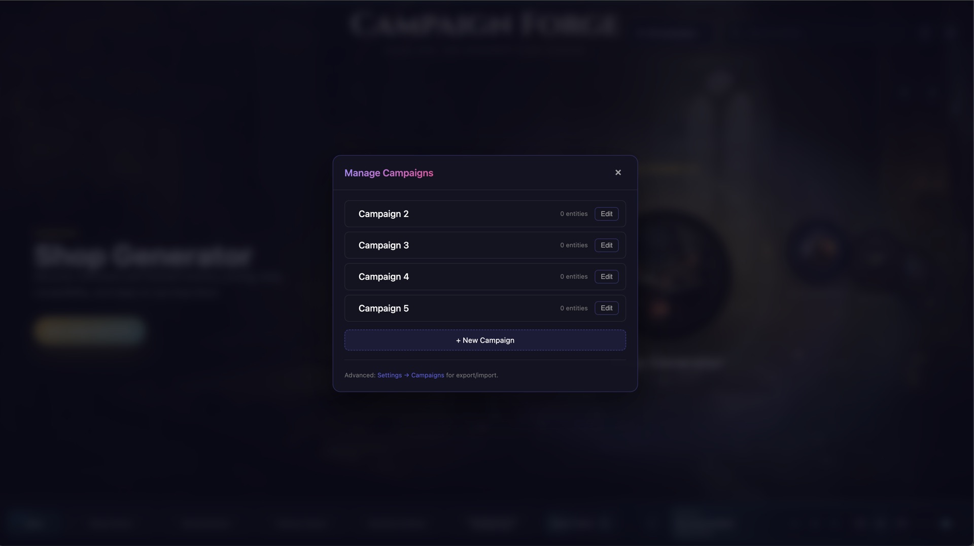 Campaign Manager dropdown showing multiple campaigns with a switcher, manage, and All campaigns view